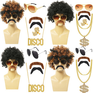 Halloween wig disco 80s punk hippie black curly hair COS wig European American men rock hair