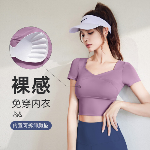 Women's new sports suit with chest pads, elastic splicing short-sleeved tops for outer wear, running training, high-waisted yoga pants for summer