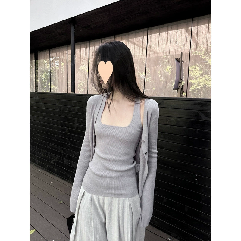 Большой размер женской одежды осень новая чистая горячая девушка подтяжка жилет с длинными рукавами трикотажный кардиган темперамент набор из двух частей