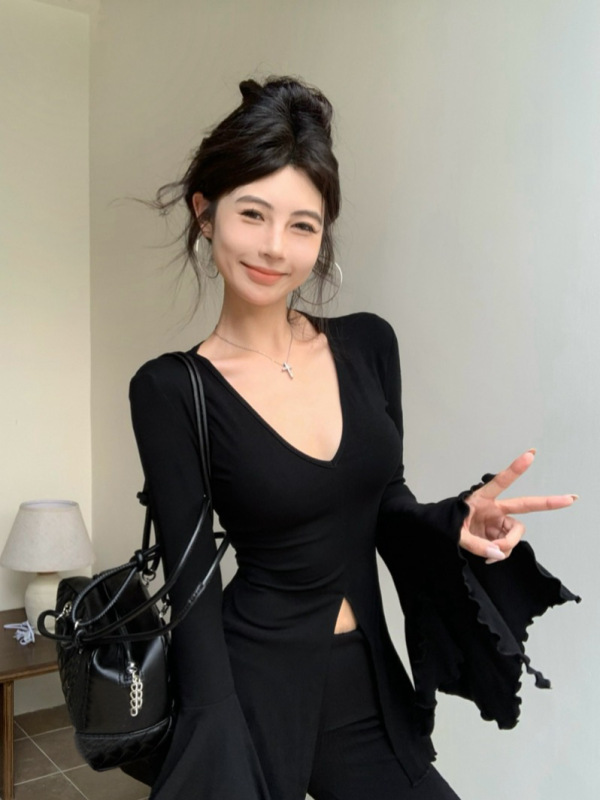アメリカのギャルvネックのラッパの袖のtシャツの女性の秋の修身はやせているデザイン感が現れます。|undefined