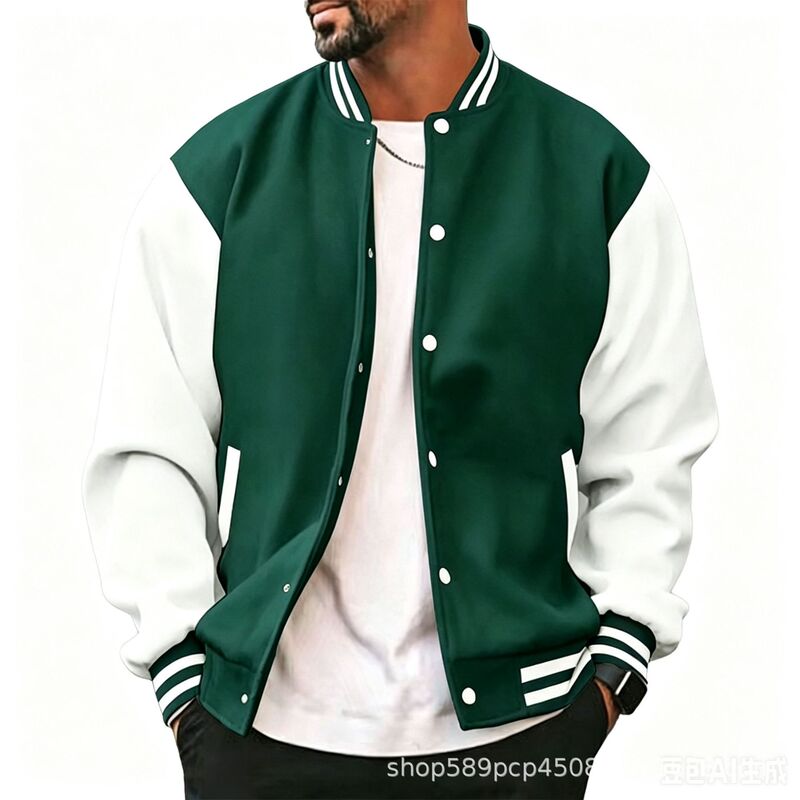 Cross-Border Exclusive Supply of Men's Baseball Jackets, Spring and Autumn Fleece Classic Loose Casual Stand-Up Collar Button-Down Baseball Jacket