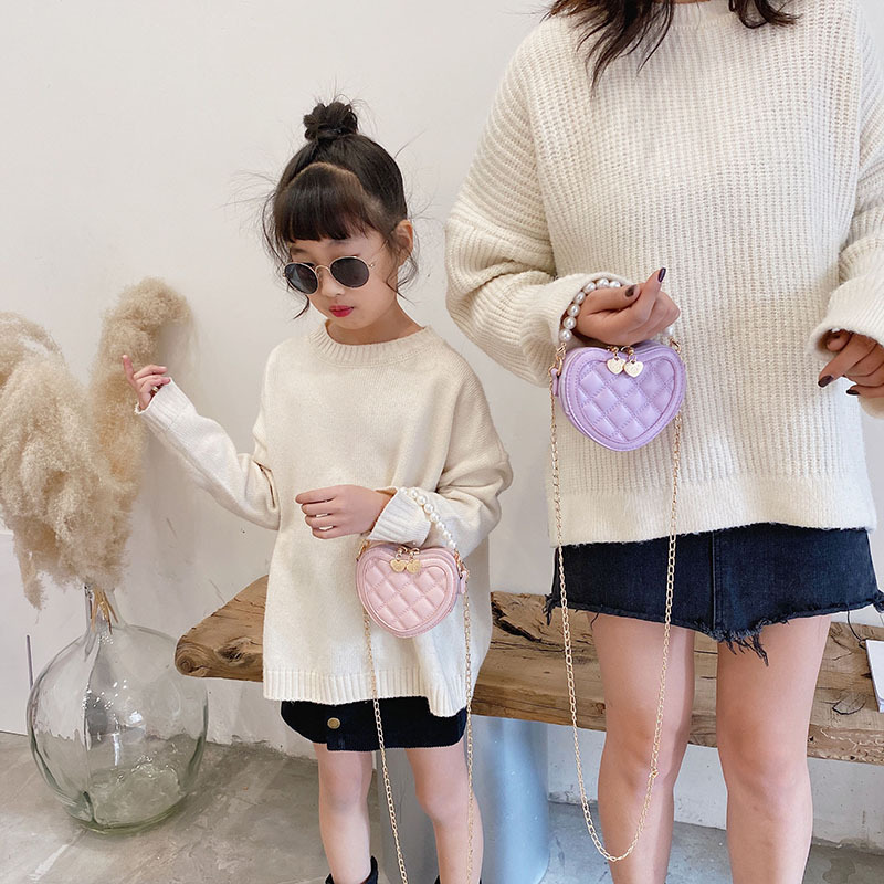 Bolso de mensajero en forma de corazón lindo para niñas 2021 nuevo bolso para niños estilo occidental perla portátil princesa mini Satchel