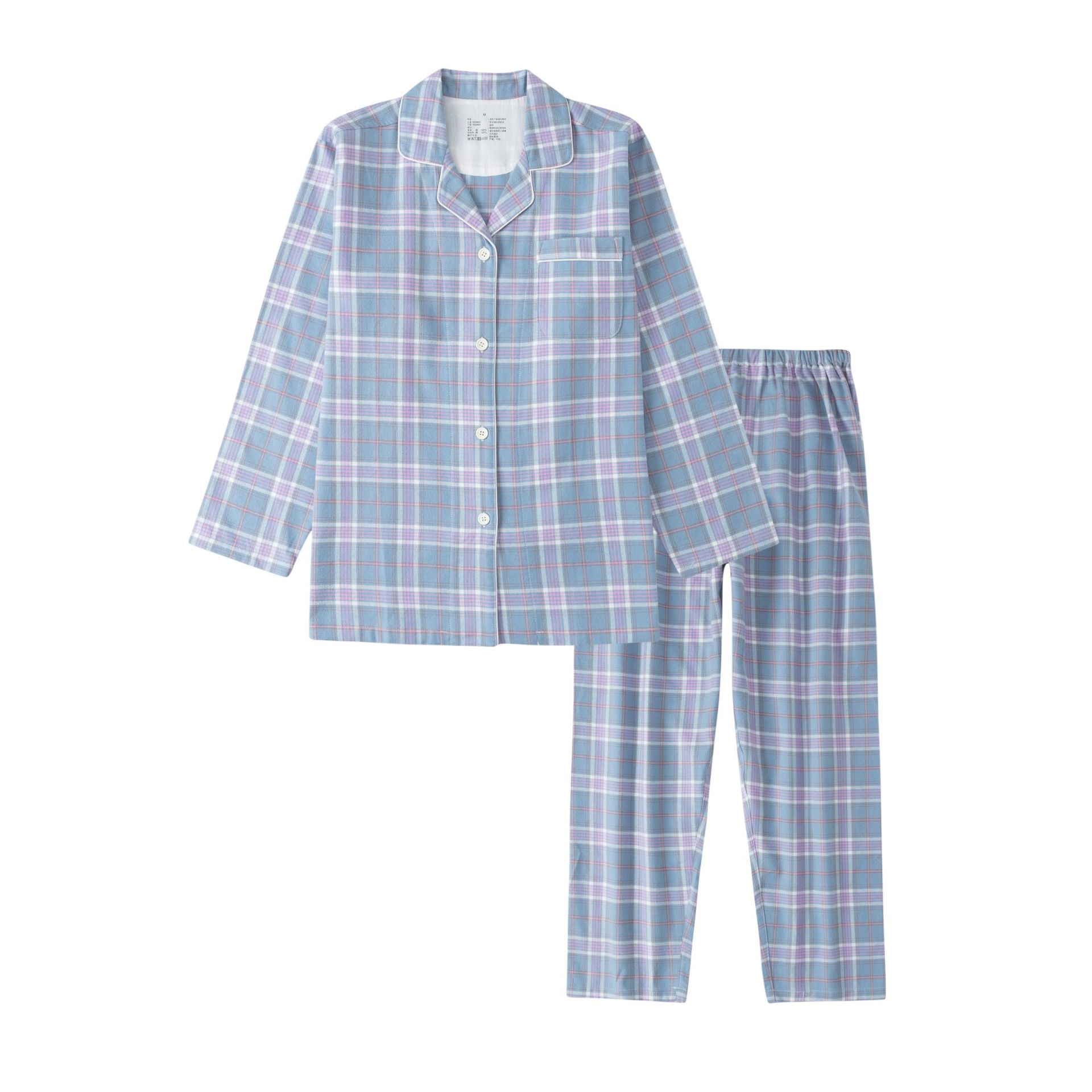 無印フランネルの家庭服の長いタイプの日本風の綿のカップルのパジャマの女性の純綿のスーツの長袖のパジャマ