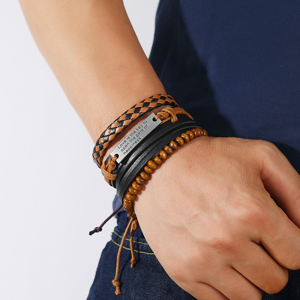 Hip-Hop Cross Letter Skull Pu Leather Alloy Menu0027S Bangle 1 Set