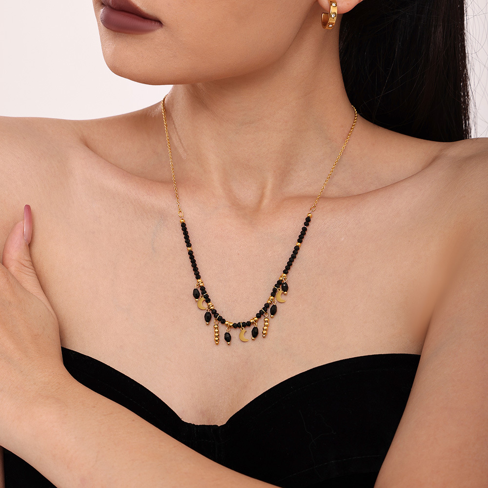 Sugar Cube Retro Temperament Black Crystal Moon Tassel Pendant Clavicle Necklace Stainless Steel Dark Queen Jewelry_voghion.com