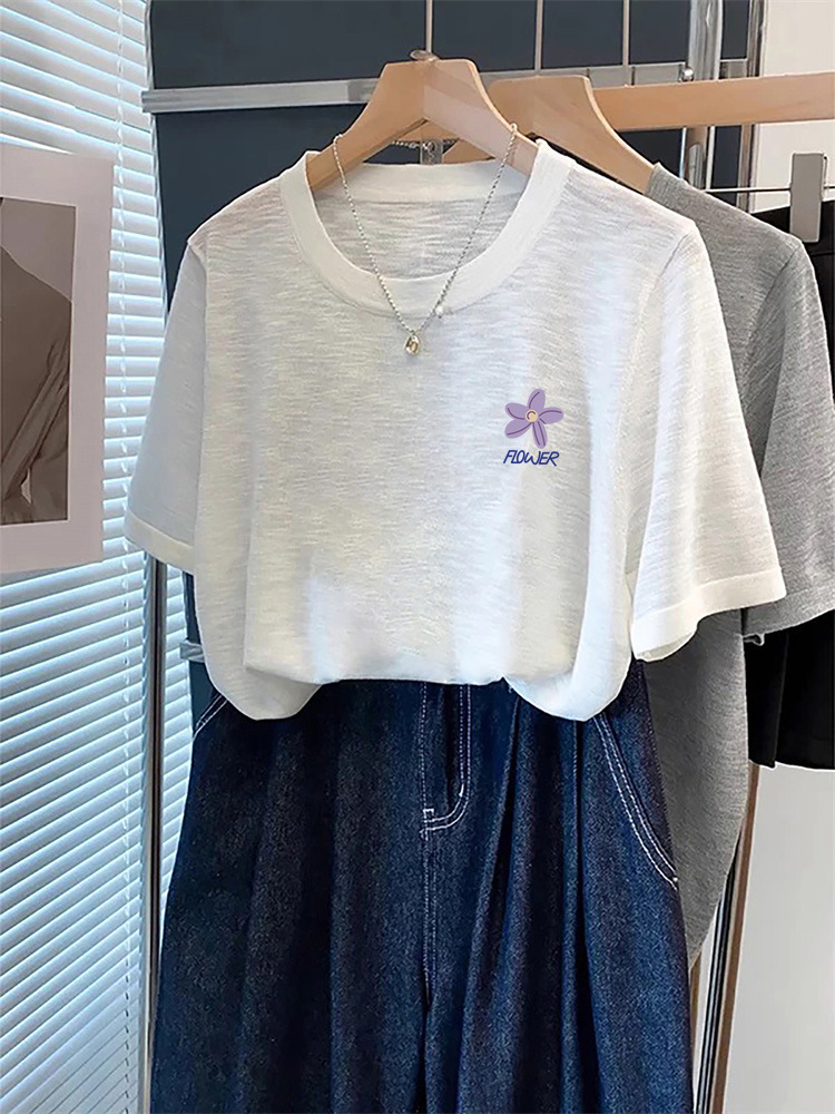 2026 New Summer Snowflake Cotton Simple Printed Fashionable Versatile Purple Regular Shoulder Short-Sleeve Women's T-Shirt Top 2