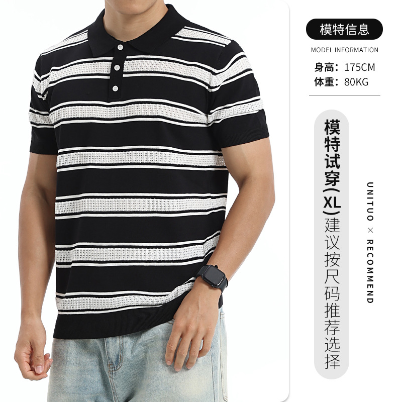Los hombres europeos y estadounidenses con rayas huecas de hielo de punto polo con collar de manga corta camiseta de lujo ligera de negocios casual