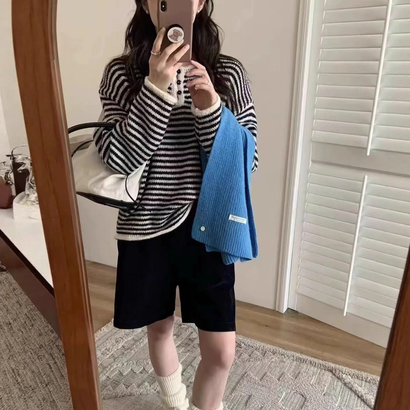 韩系宽松慵懒风半开领三扣条纹套头毛衣秋冬新款休闲百搭上衣女|undefined