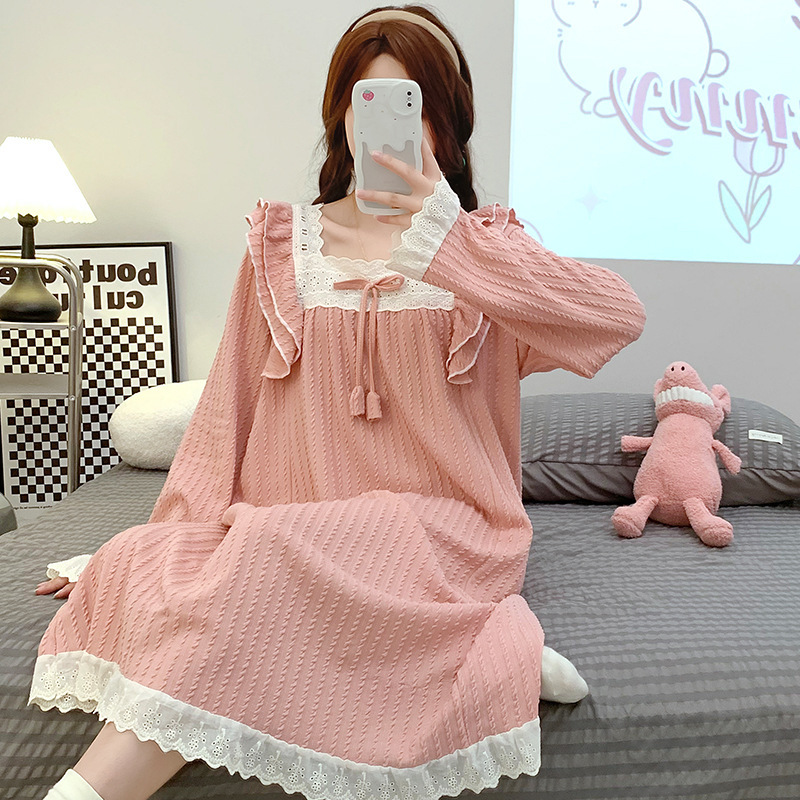 Korean style long sleeve mid-length nightdress young and beautiful pajamas women's autumn sweet plus size plus size dormitory student homewear Korean style long sleeve mid-length nightdress young and beautiful pajamas women's autumn sweet plus size plus size dormitory student homewear