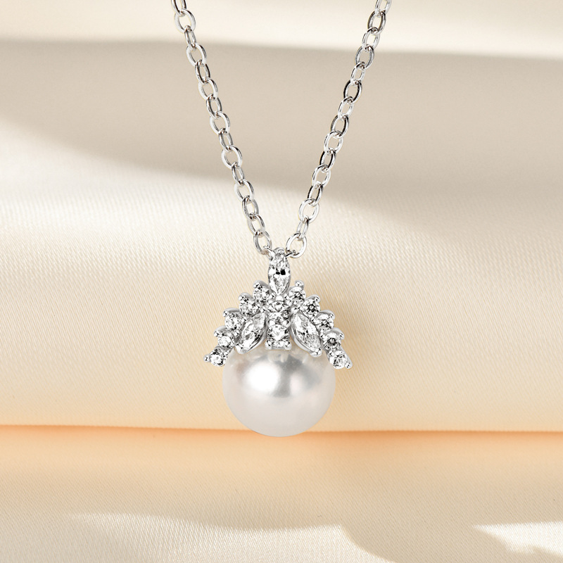 Exquisite S925 Sterling Silver Crown Pendant Necklace with Moissanite and Pearl - Fashion Jewelry Gift for Women