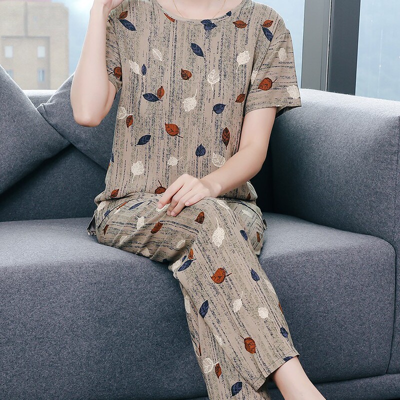 Pajamas for Women Summer Cotton Silk Short-Sleeved Thin Loose Casual Wearable Cotton Silk Home Clothes for Middle-Aged and Elderly People Two-Piece Set