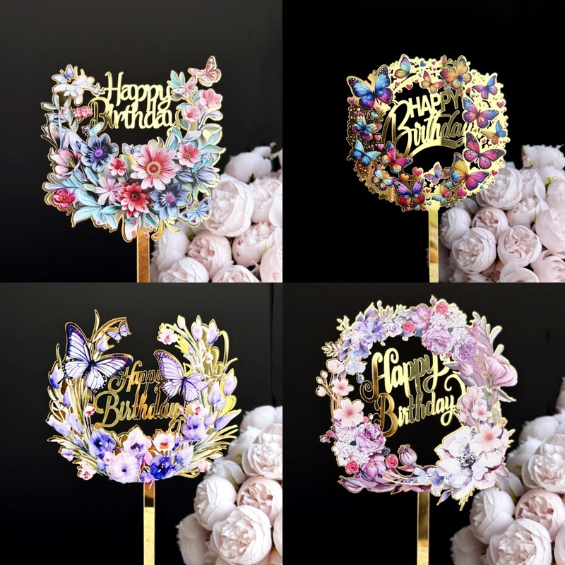 クロスボーダーインスタイル UV カラー印刷アクリルケーキデコレーションパーティー用品ハッピーバースデーバタフライケーキインサート|undefined