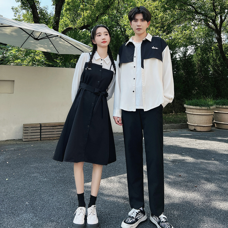 Unique couple outfit, new autumn style, one top and one skirt, patchwork embroidered, versatile faux two-piece dress, class uniform shirt