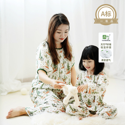 ins Summer Bamboo Cotton Gauze Baby Air Conditioning Clothing Anti-Mosquito Pants Parent-Child Children's Home Wear Sleepwear Set 