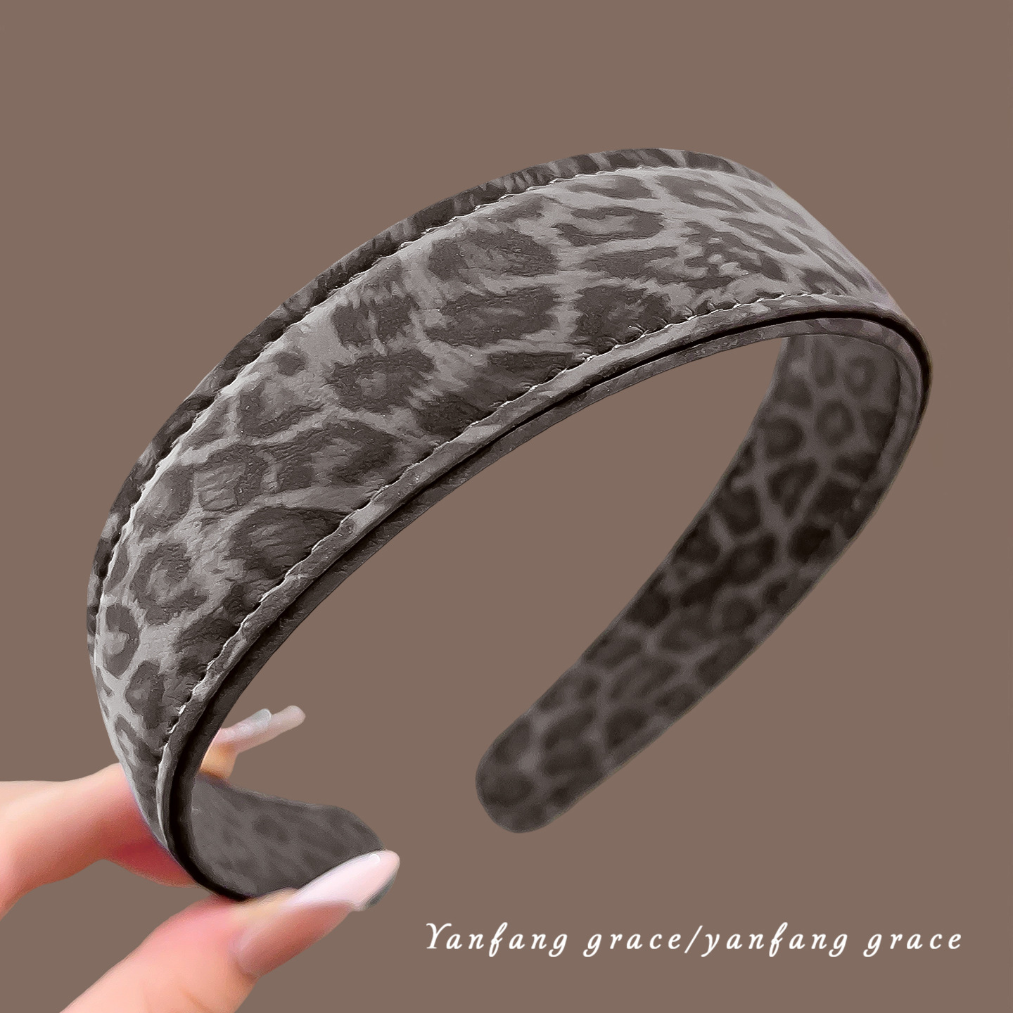 Gray leather leopard print headband