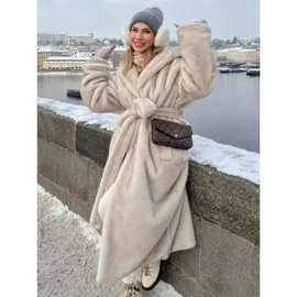 秋冬连帽仿皮外套女长款品牌水貂绒皮大衣柔软环保皮外套