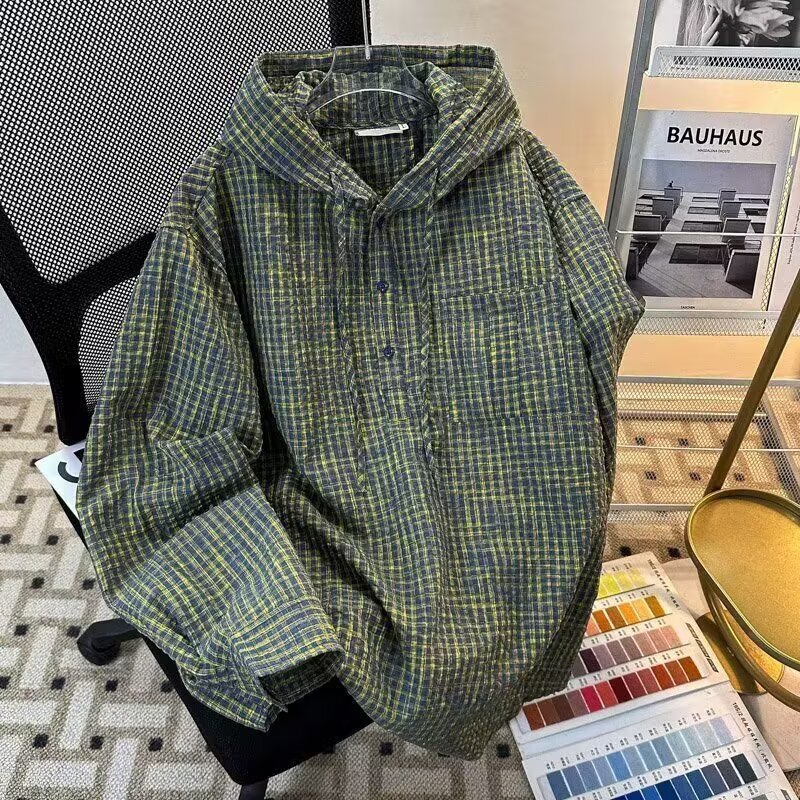 Maglione e giacca da uomo retrò a maniche lunghe in garza di schiuma verde a quadri_voghion.com