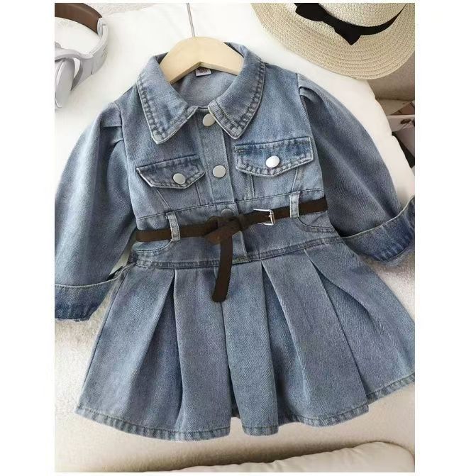 New stylish denim dress for little girls, long-sleeved, Korean style, spring and autumn, with a turn-down collar and waist-cinching design, trendy