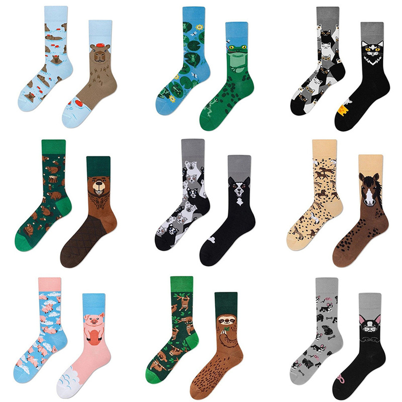 Cross-border New Animal Fun Creative Couple's AB Asymmetric Tide Socks Personality Trend Cartoon Jacquard Cotton Socks Cross-border New Animal Fun Creative Couple's AB Asymmetric Tide Socks Personality Trend Cartoon Jacquard Cotton Socks