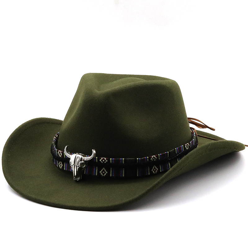 Cross-border hot selling cow head western cowboy hat woolen Jazz hat men and women ethnic style autumn and winter felt hat big brim hat