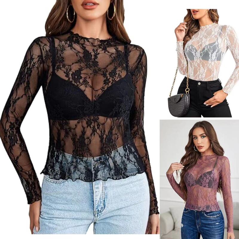 2024 new lace women's blouse long sleeve collar transparent shirt perspective floral lace blouse. real shot