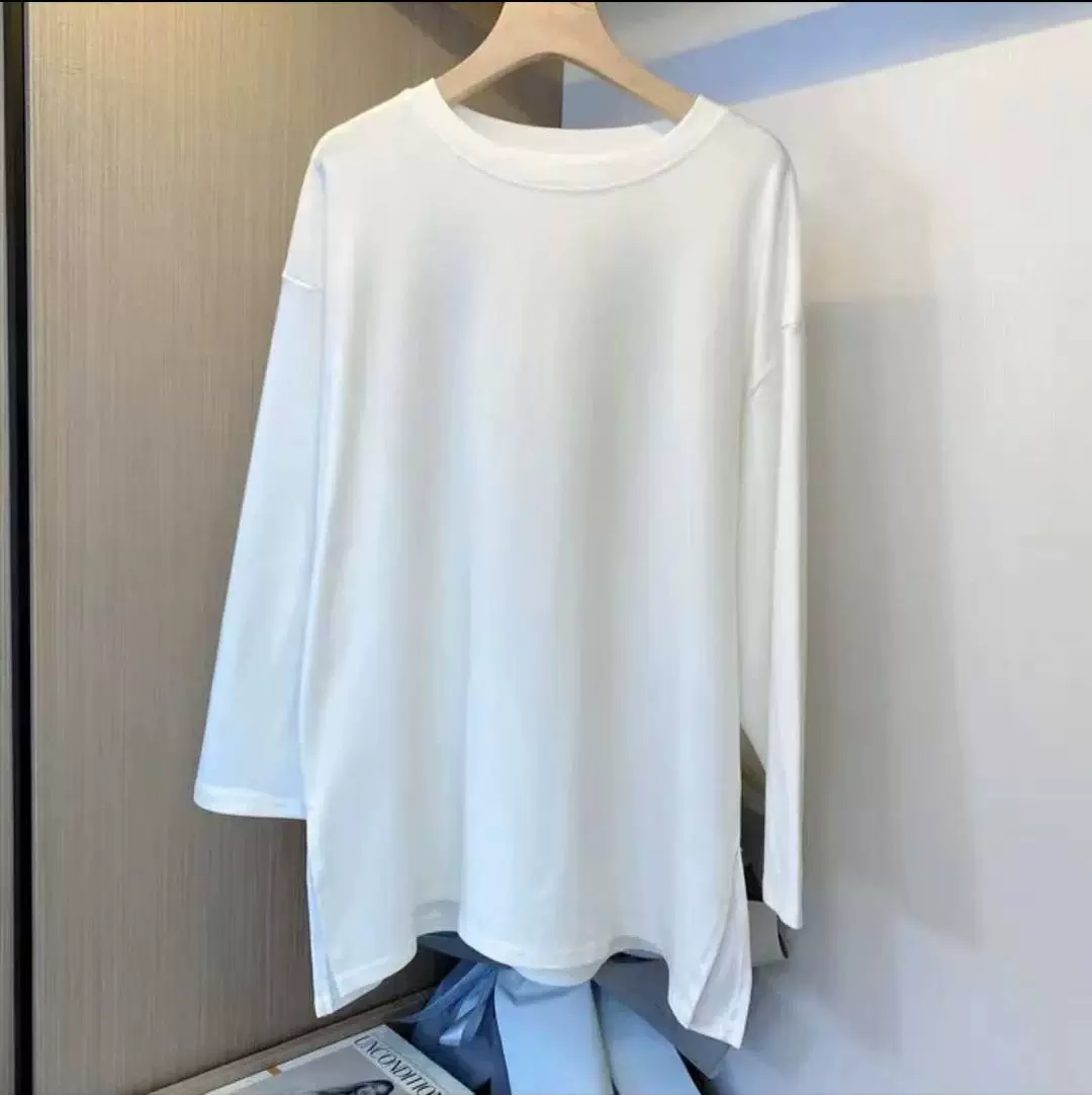 孕妇装上衣磨毛开叉打底衫宽松大码百搭中长款内搭加厚白色T恤潮