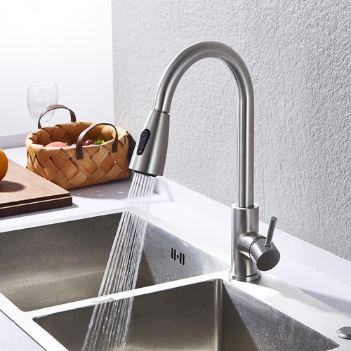 Factory direct supply 304 stainless steel kitchen faucet pull-out sink vegetable basin hot and cold faucet pull-out faucet