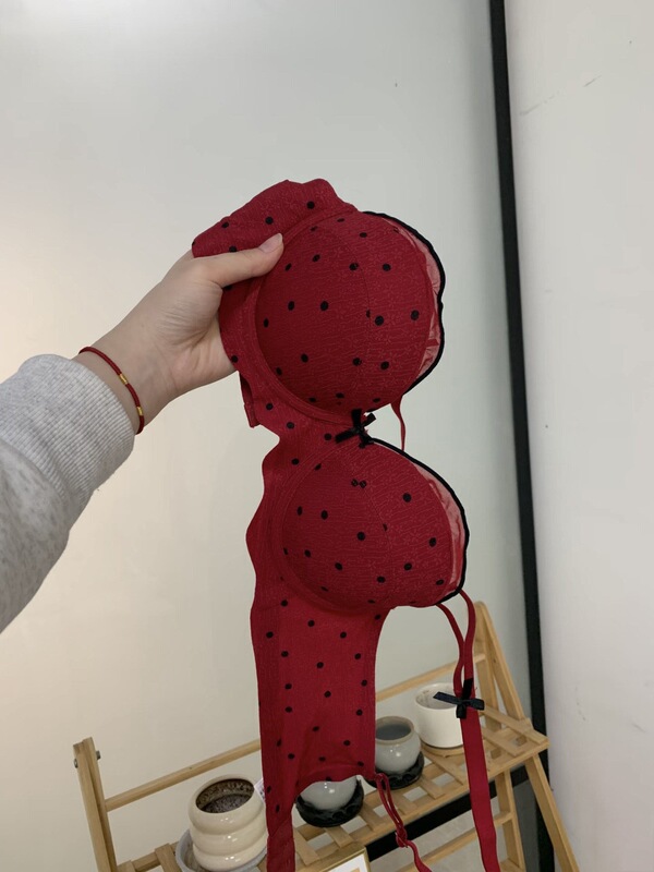 Red Zodiac Year Lingerie for Women with Small Busts, Push-Up, Wireless Lace Mesh Polka Dot Bridal Wedding Bra Set