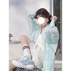 格子薄荷绿polo领格子衬衫女早春新款幂式穿搭长袖衬衣图片色欧美