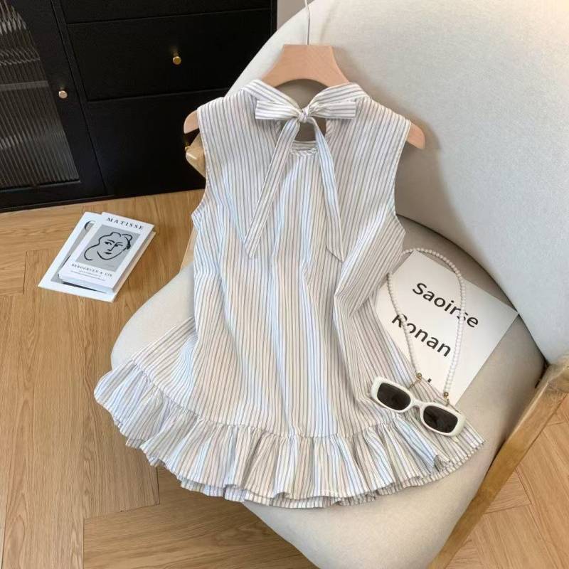 夏季新款条纹无袖立领衬衫背心蝴蝶结绑带裙摆宽松双面穿上衣女