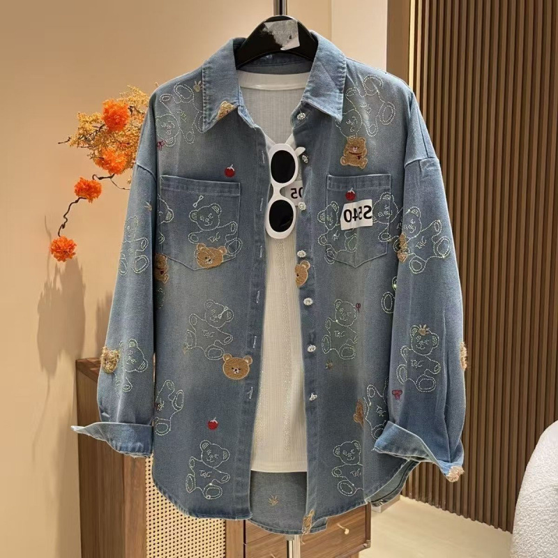 Solapa diamante caliente versión suelta de la chaqueta vaquero de oso grande temporada 2026 estilo extranjero ocio manga larga con camisa de mujer