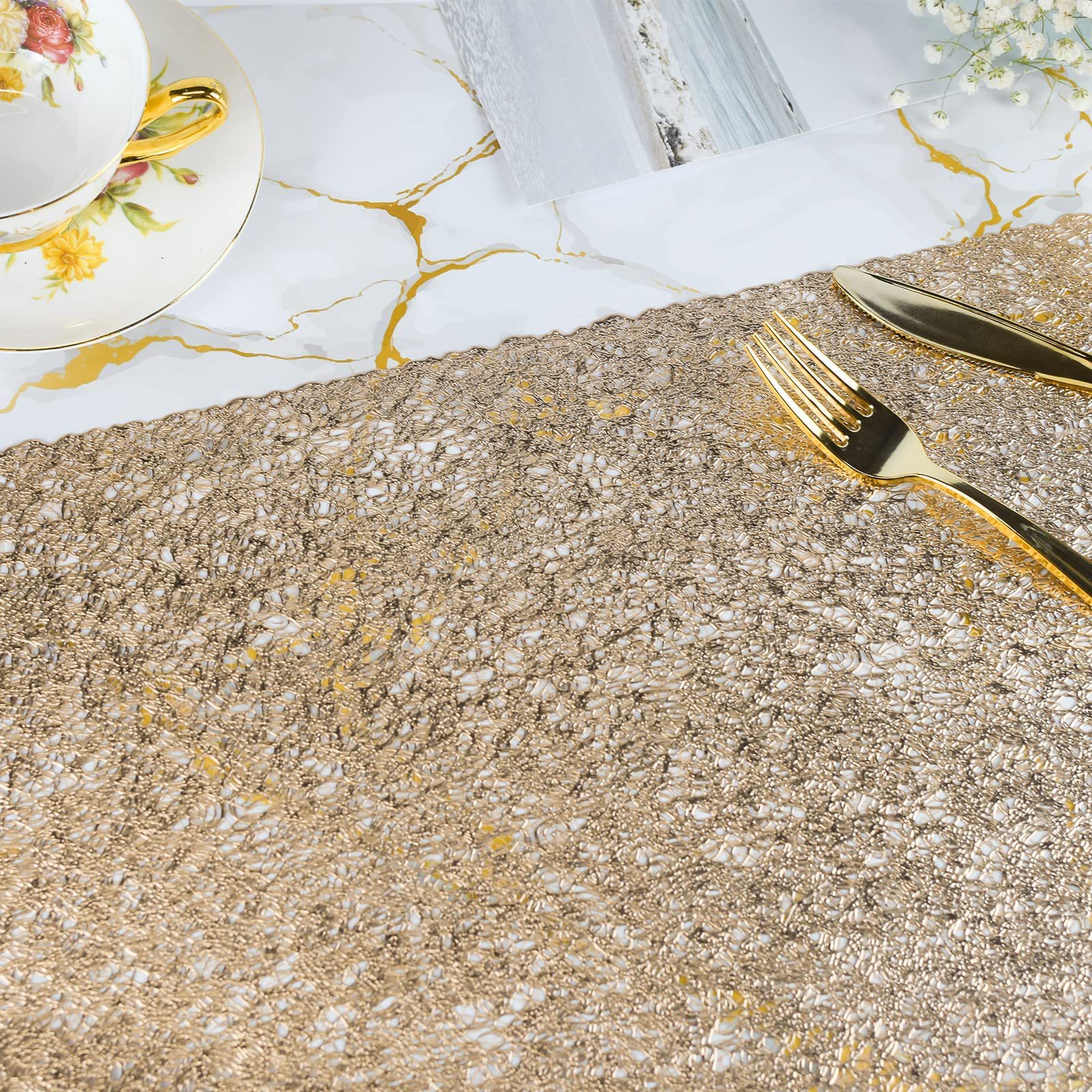 Dorado placemat PVC hueco wedding party Western table Mat mantel cuadrado impermeable placa estera montaña hotel al por mayor