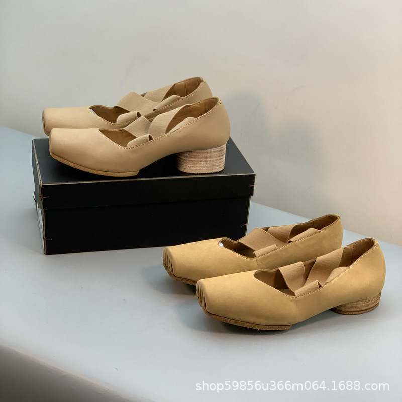 Classic retro leather comfortable ballet shoes square toe