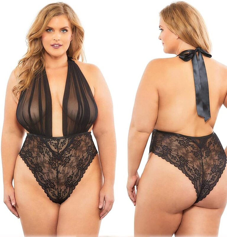 EASYLONGJEE Plus Size Underwear Lace Bodysuit Women's Deep V-neck Teddy Sexy Underwear