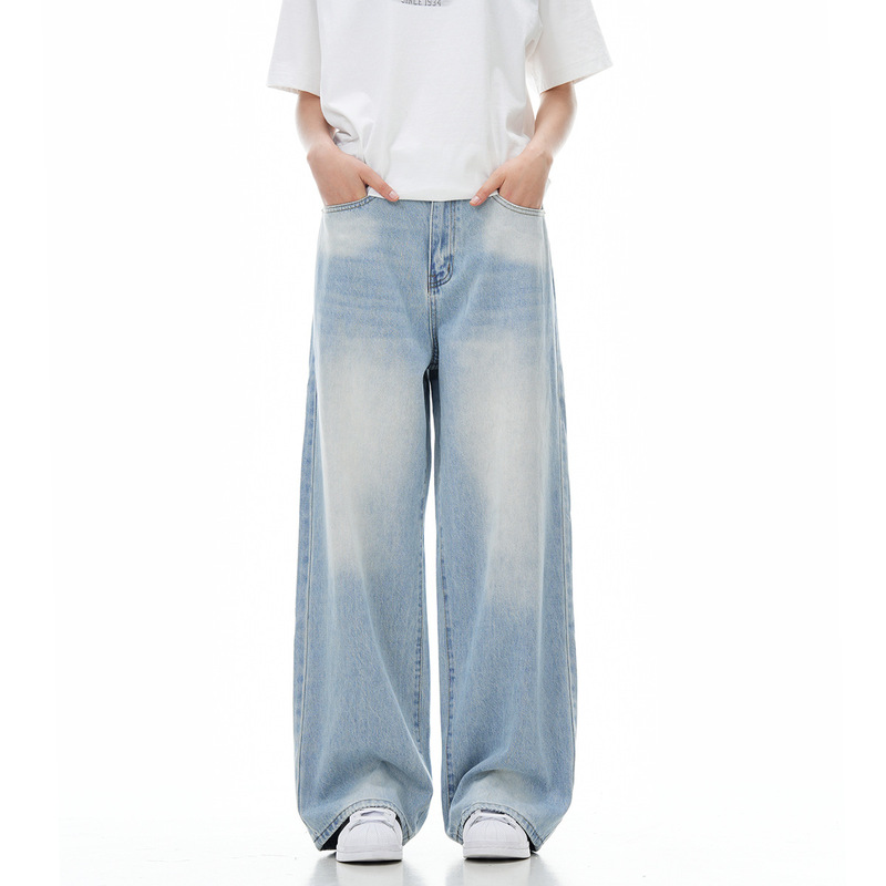 Cross-Border Direct Sales Light Blue Jeans for Men and Women in Spring and Autumn Washed Straight Loose Wide-Leg Pants American High Street Fashion Brand