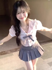 カレッジスタイルスイートホットガールピンクスーツ女性の夏jk制服小柄な韓国シャツプリーツスカート2点セット