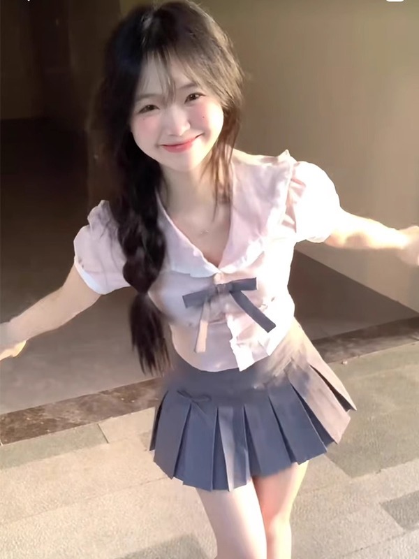 カレッジスタイルスイートホットガールピンクスーツ女性の夏jk制服小柄な韓国シャツプリーツスカート2点セット|undefined