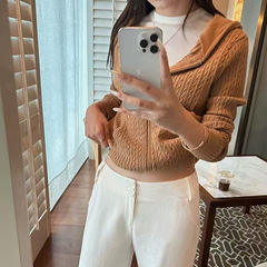 5werk  经典老钱风高级感连帽绞花针织开衫女秋新款休闲百搭外套