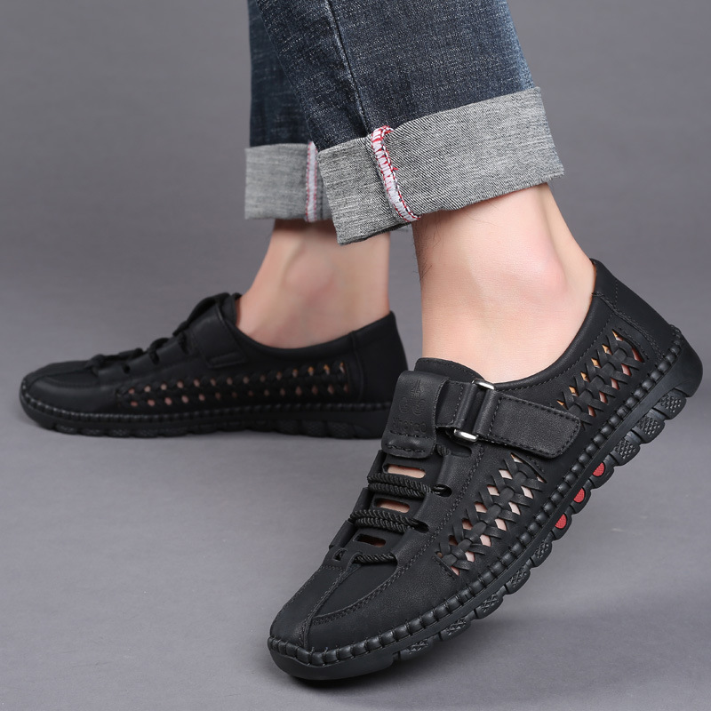 Sandalias de verano para hombre, zapatos casuales de cuero hechos a mano, zuecos transpirables huecos, zapatos comerciales para hombre, zapatos de exterior para hombre de mediana edad