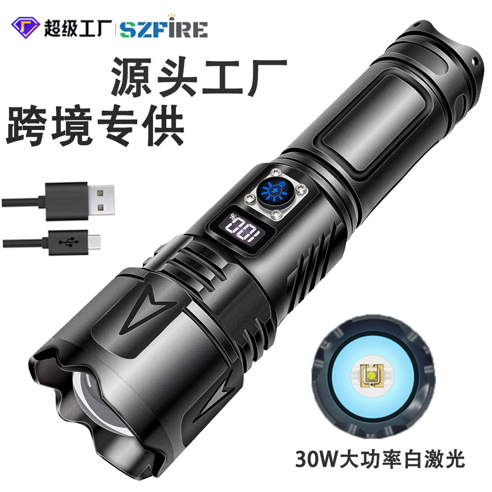 Láser blanco transfronterizo linterna de tiro largo pantalla digital luz fuerte carga al aire libre linterna táctica súper brillante zoom tiro largo