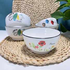 陶瓷碗批发米饭碗印花瓷碗釉中彩花简约健康地摊陶瓷餐具现代简约
