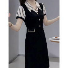 夏2025百搭时尚新款珍珠纱条纹简约大气透气舒适假两件中长连衣裙