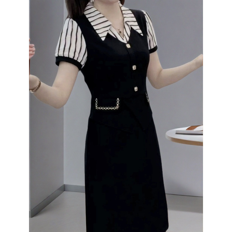 夏2025百搭时尚新款珍珠纱条纹简约大气透气舒适假两件中长连衣裙