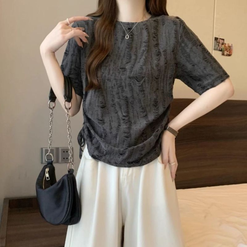 设计感破洞时尚抽绳短袖T恤女夏大码胖mm显瘦不规则收腰辣妹上衣|undefined
