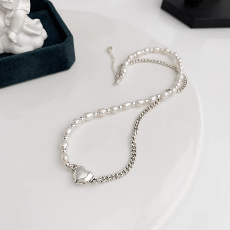 Pearl Double Heart Necklace Women's Fashion Temperament Commuter All match High grade Necklace Clavicle Chain_ipsvogv.com