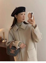 韓國東大門2023秋冬新款娃娃領雙面羊絨大衣女中長款寬松版外套