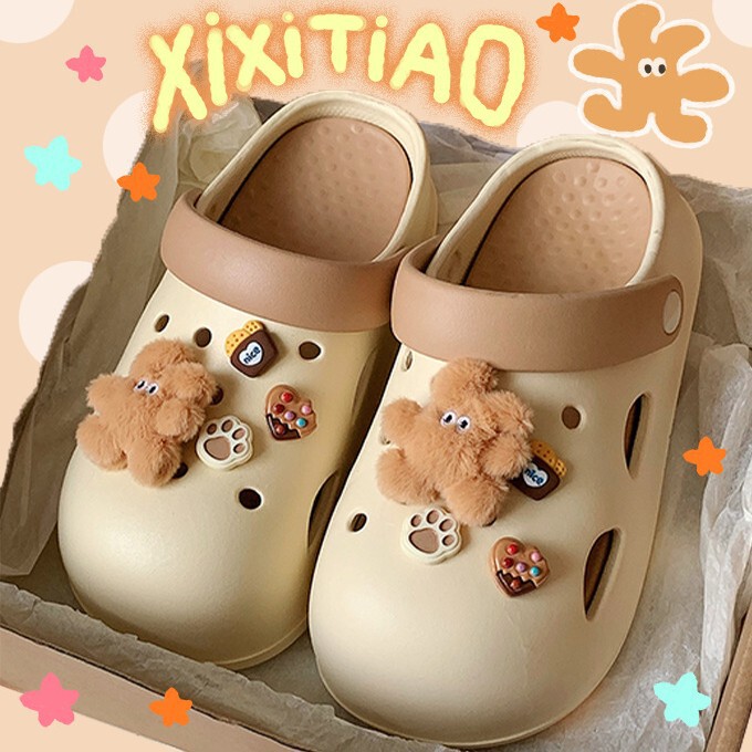 Fun Ins Brown Bunny Hole Shoes Outdoor Fashion Casual Stylish Comfortable Latte Color Summer Sandals for Women