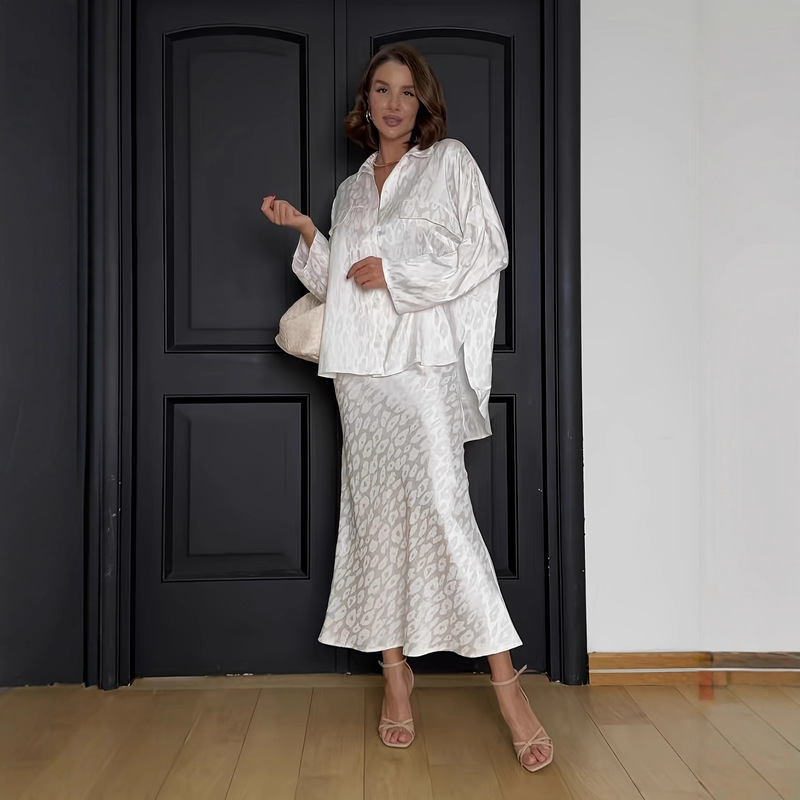Special Offer Jkb765S European and American Women's Clothing, High-End and Elegant Slim-Fit Long-Sleeved Collared Shirt and Long Skirt Two-Piece Set