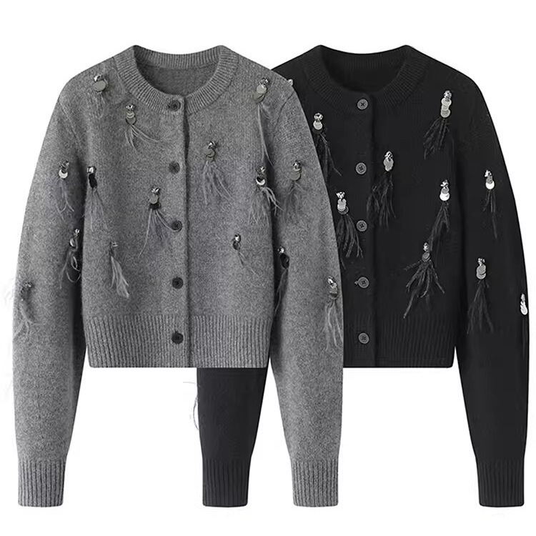 French-Style Chanel-Inspired Sweater Coat for Women, 2025 New Autumn and Winter Model, Heavy-Duty Tassel Sequin Rhinestone Feather Knit Cardigan French-Style Chanel-Inspired Sweater Coat for Women, 2025 New Autumn and Winter Model, Heavy-Duty Tassel Sequin Rhinestone Feather Knit Cardigan