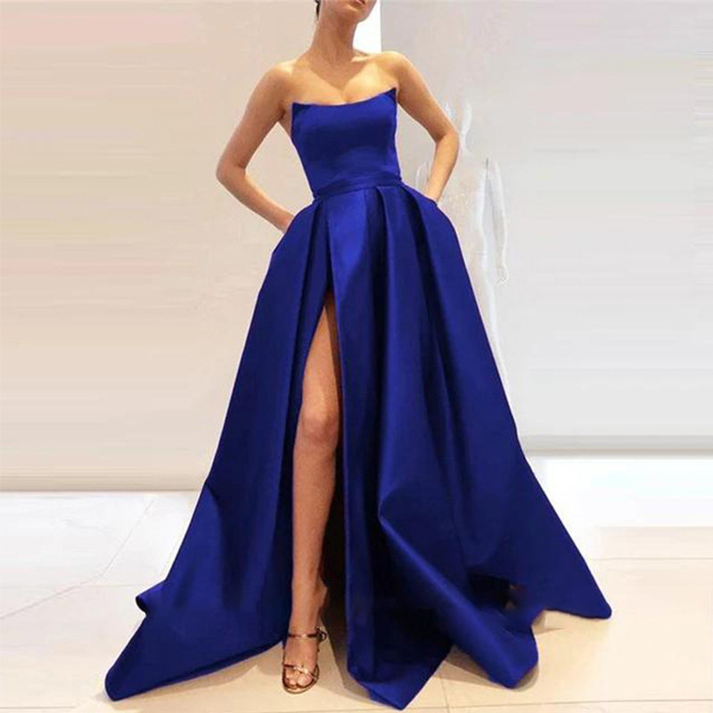 Foreign trade independent station Amazon satin evening dress tube top high fork ball gown a-shaped cut large skirt slimming